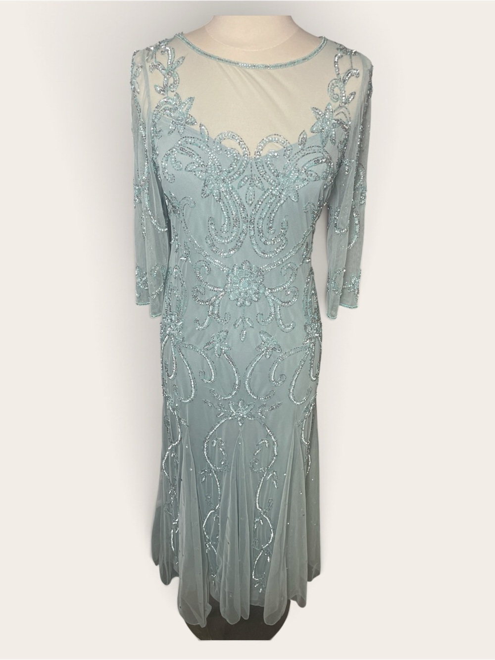 Beaded Light Blue Long Sleeve Evening Gown
